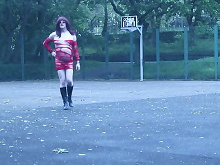 slutty red dress outdoors basketball court